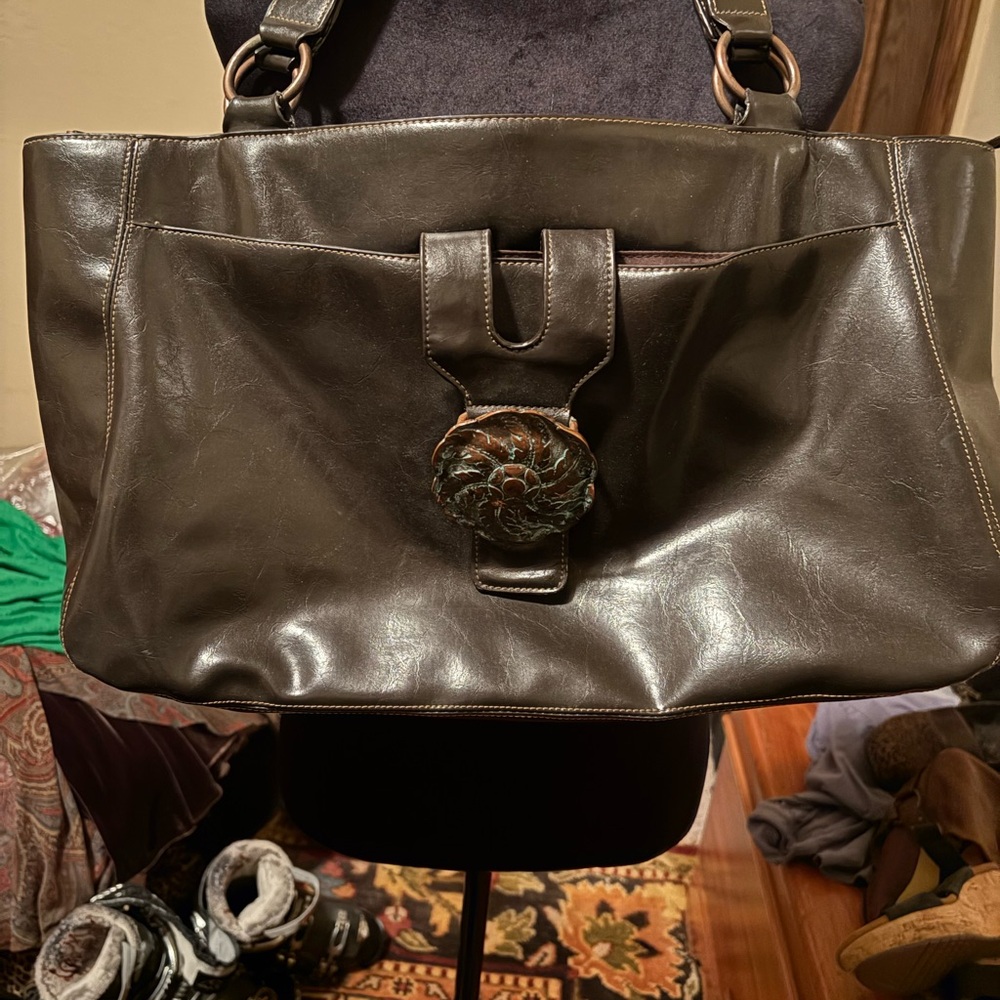 Dark Brown Faux Leather Tote with Decorative Floral Medallion